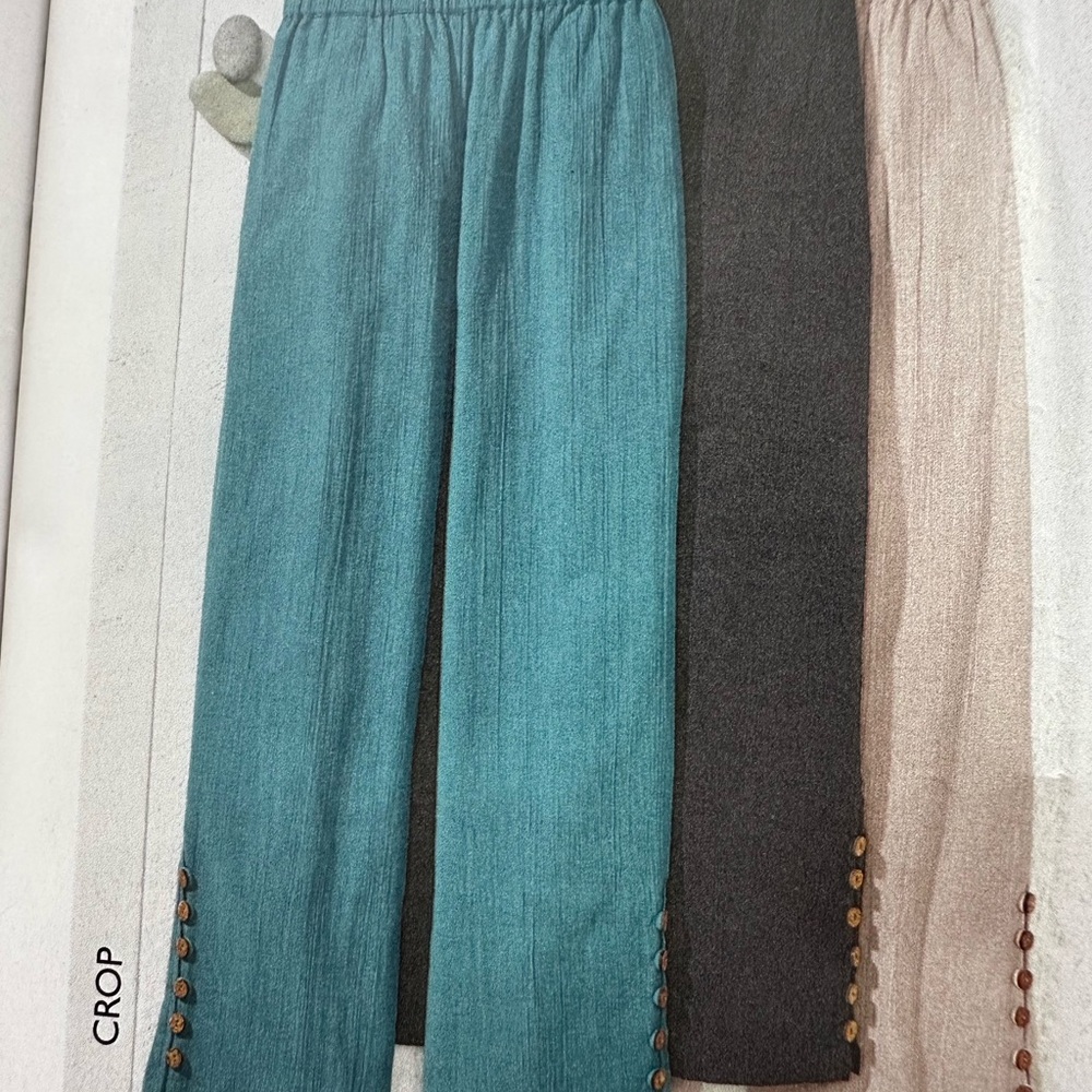 Blue Crinkle Cotton Pull-On Crop Pants